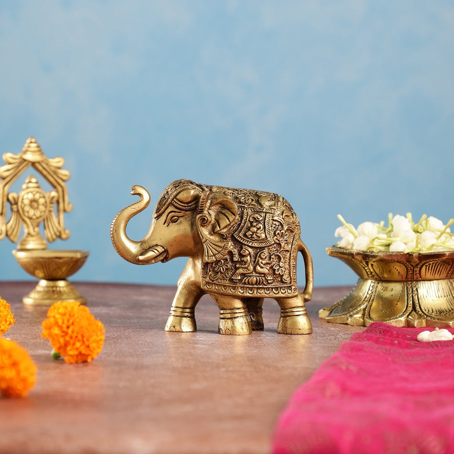 Brass Engraved Elephant Statue table accent 5"