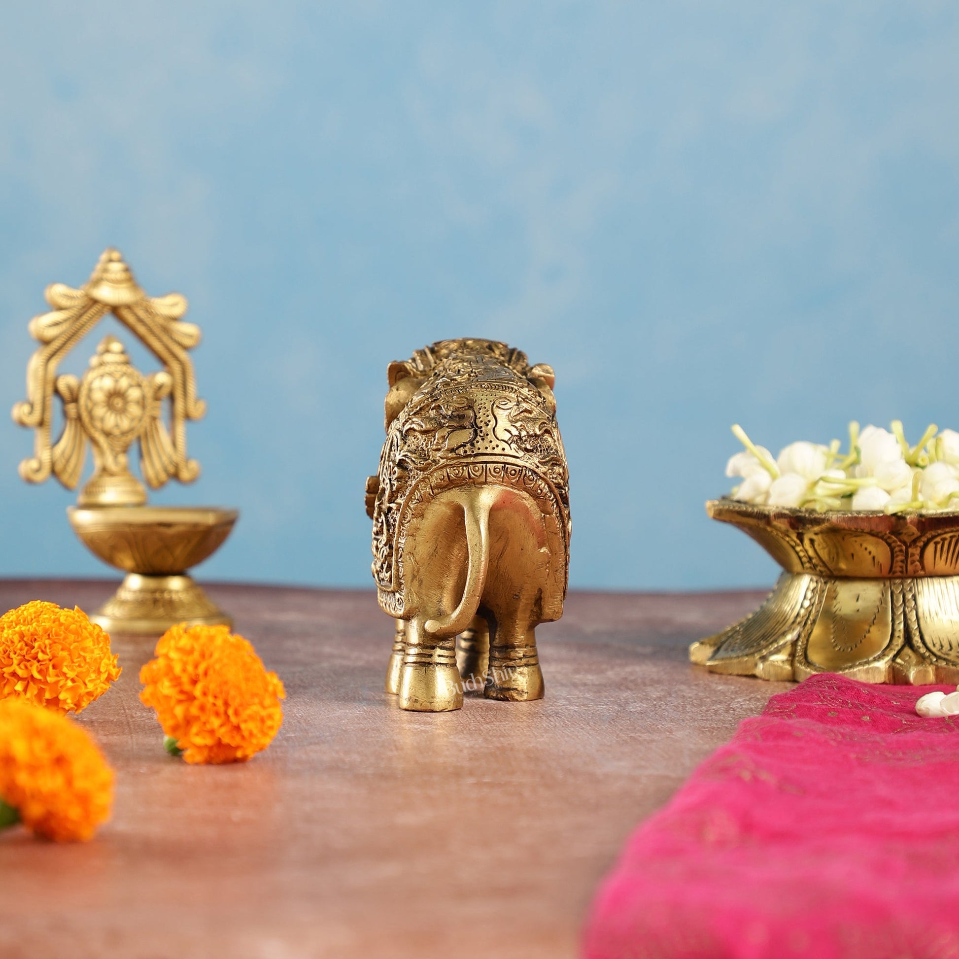 Brass Engraved Elephant Statue table accent 5"