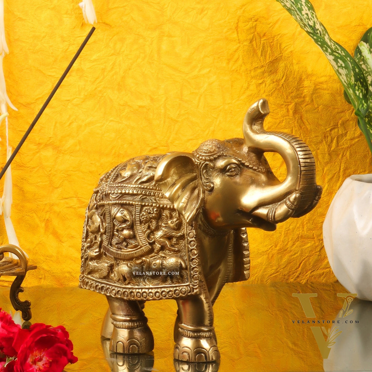 Brass Engraved Elephant Statue table accent 7"
