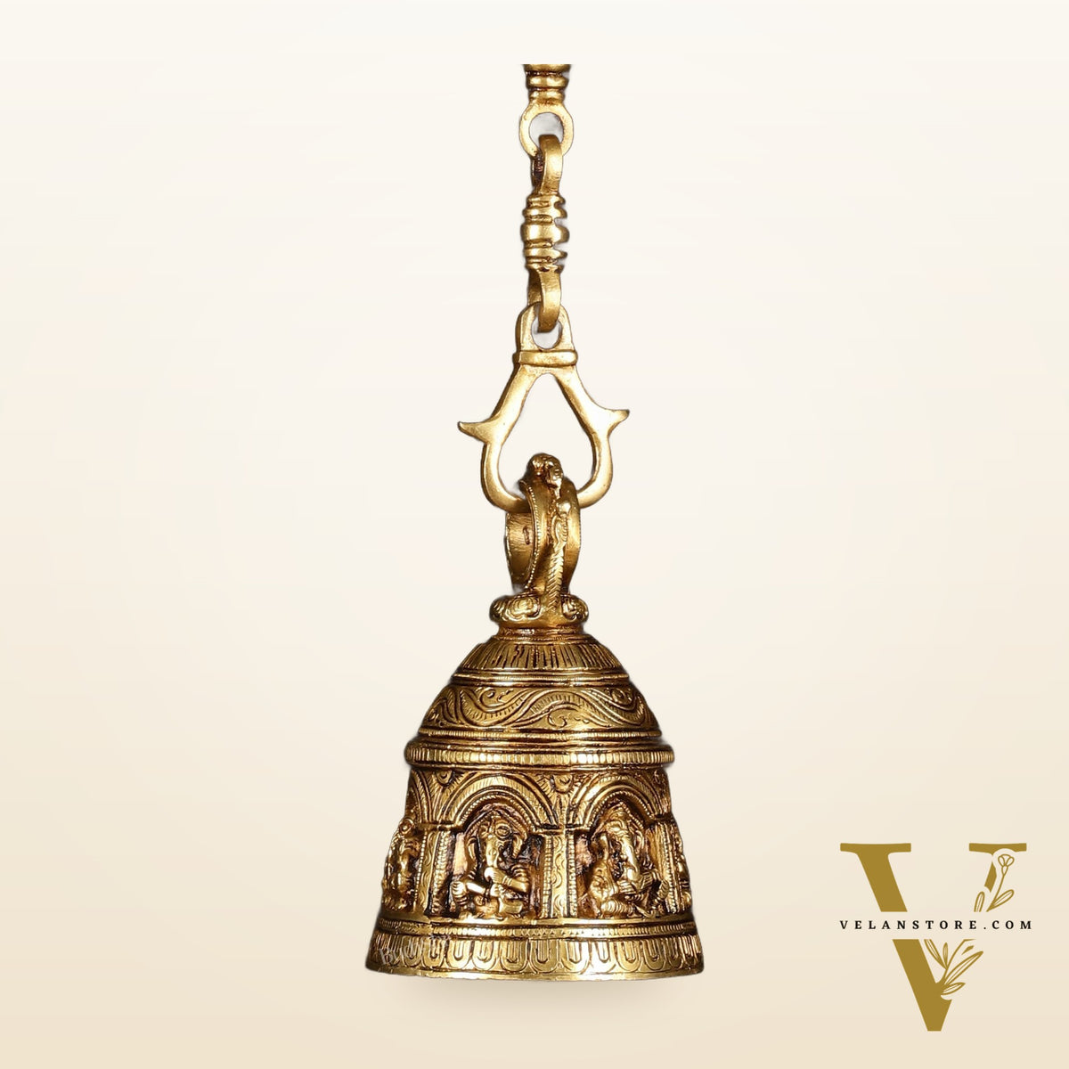 Brass Engraved Ganesha as Musicians Hanging Temple Bell