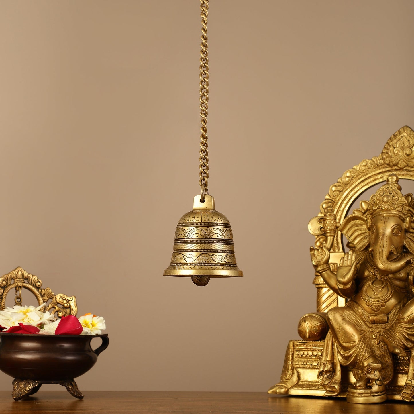 Brass Engraved hanging bell 4 inch diameter