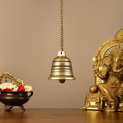 Brass Engraved hanging bell 4.5 inch diameter