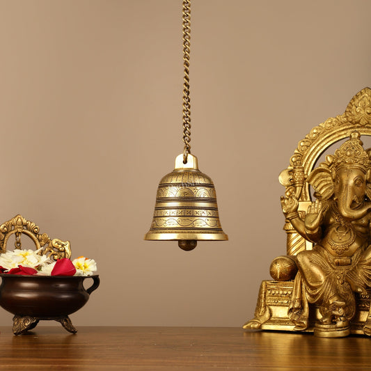 Brass Engraved hanging bell 4.5 inch diameter
