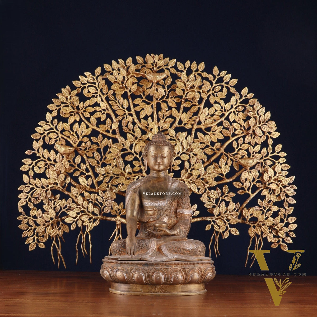 Brass Enlightened Nirvana Buddha Statue & Superfine Kalpavriksha Tree – Spiritual Decor Set