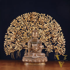 Brass Enlightened Nirvana Buddha Statue & Superfine Kalpavriksha Tree – Spiritual Decor Set