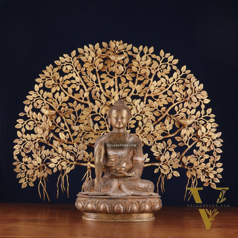 Brass Enlightened Nirvana Buddha Statue & Superfine Kalpavriksha Tree – Spiritual Decor Set
