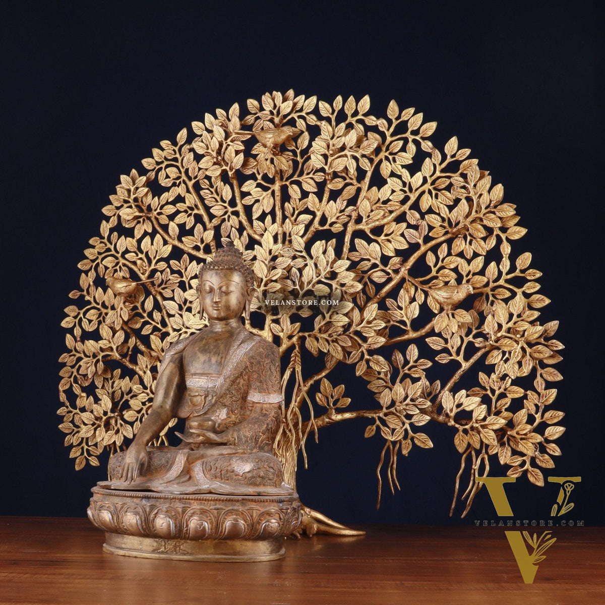 Brass Enlightened Nirvana Buddha Statue & Superfine Kalpavriksha Tree – Spiritual Decor Set