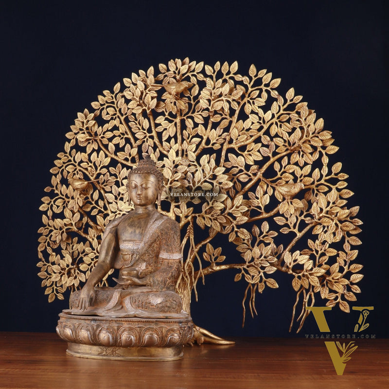 Brass Enlightened Nirvana Buddha Statue & Superfine Kalpavriksha Tree – Spiritual Decor Set
