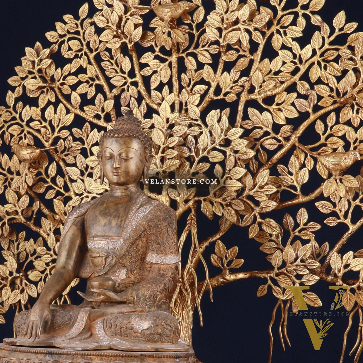 Brass Enlightened Nirvana Buddha Statue & Superfine Kalpavriksha Tree – Spiritual Decor Set