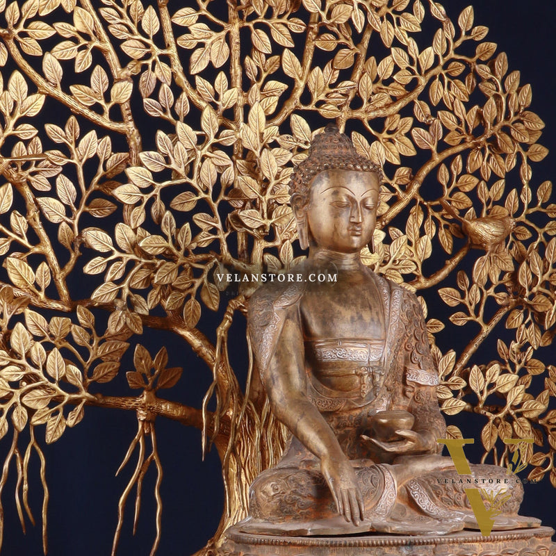 Brass Enlightened Nirvana Buddha Statue & Superfine Kalpavriksha Tree – Spiritual Decor Set