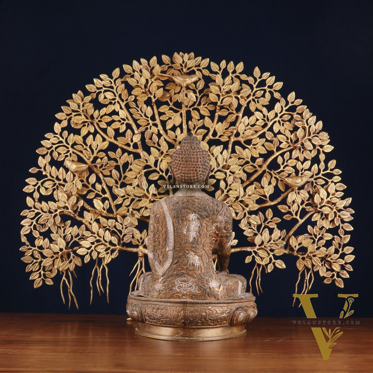 Brass Enlightened Nirvana Buddha Statue & Superfine Kalpavriksha Tree – Spiritual Decor Set