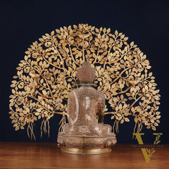 Brass Enlightened Nirvana Buddha Statue & Superfine Kalpavriksha Tree – Spiritual Decor Set