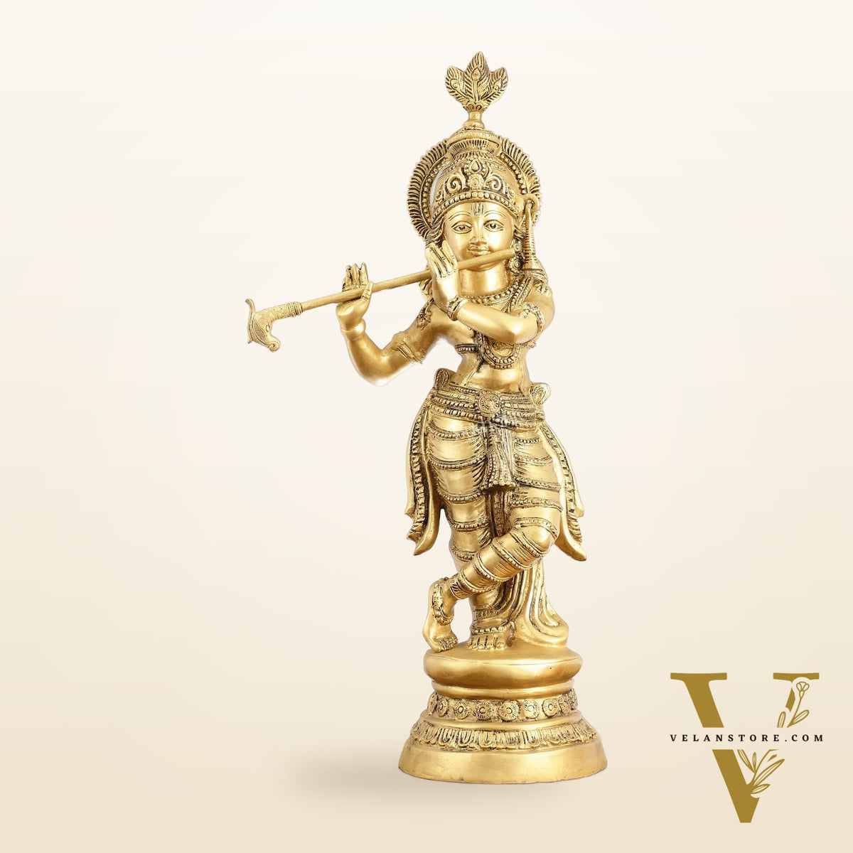 Brass Ever-smiling Krishna Playing Flute Statue | Height 28 Inch