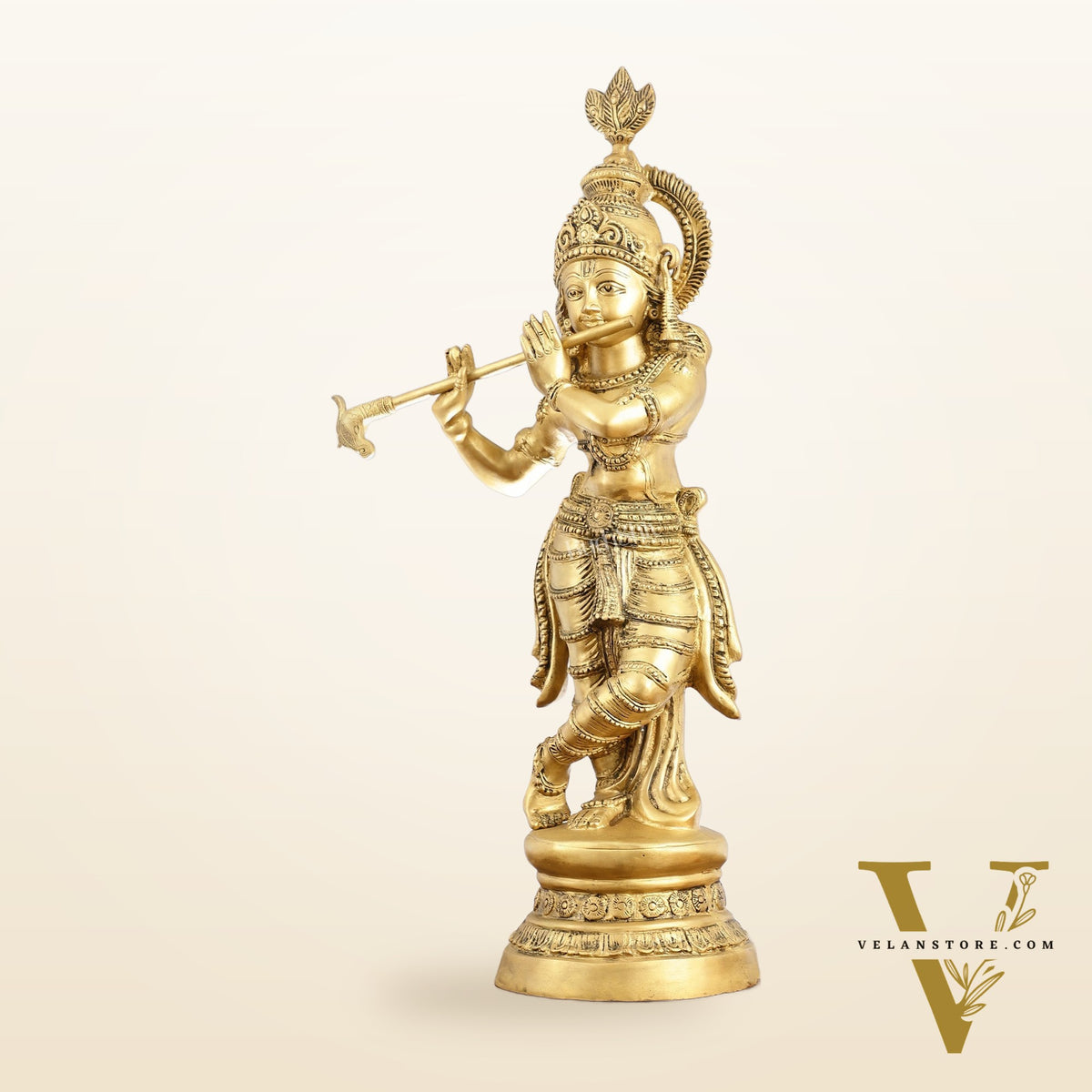 Brass Ever-smiling Krishna Playing Flute Statue | Height 28 Inch
