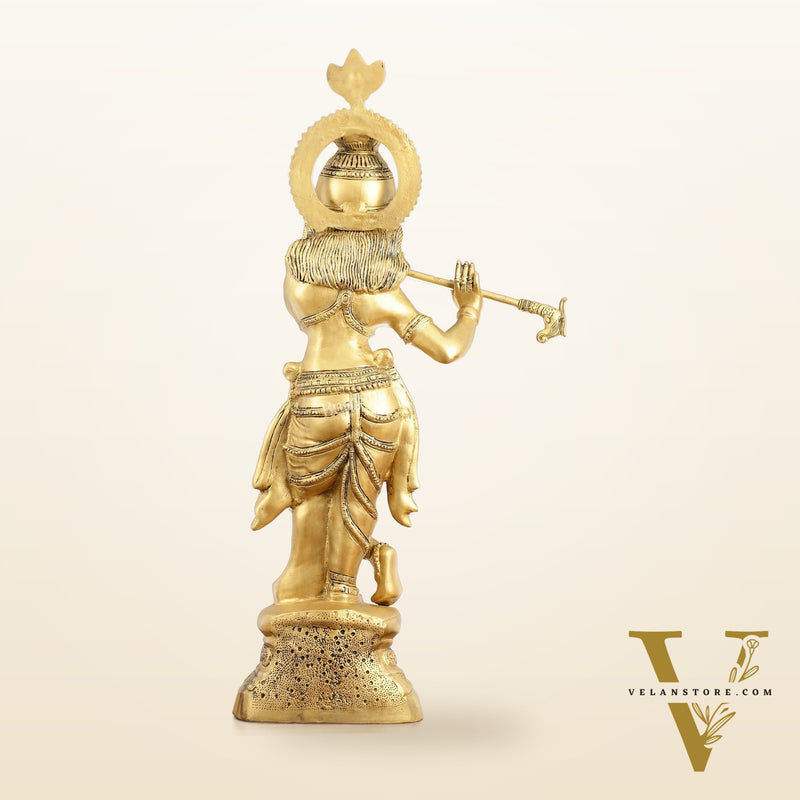 Brass Ever-smiling Krishna Playing Flute Statue | Height 28 Inch