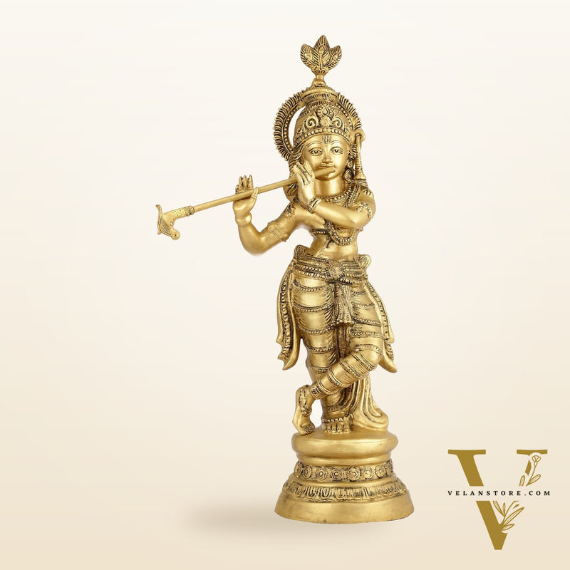 Brass Ever-smiling Krishna Playing Flute Statue | Height 28 Inch