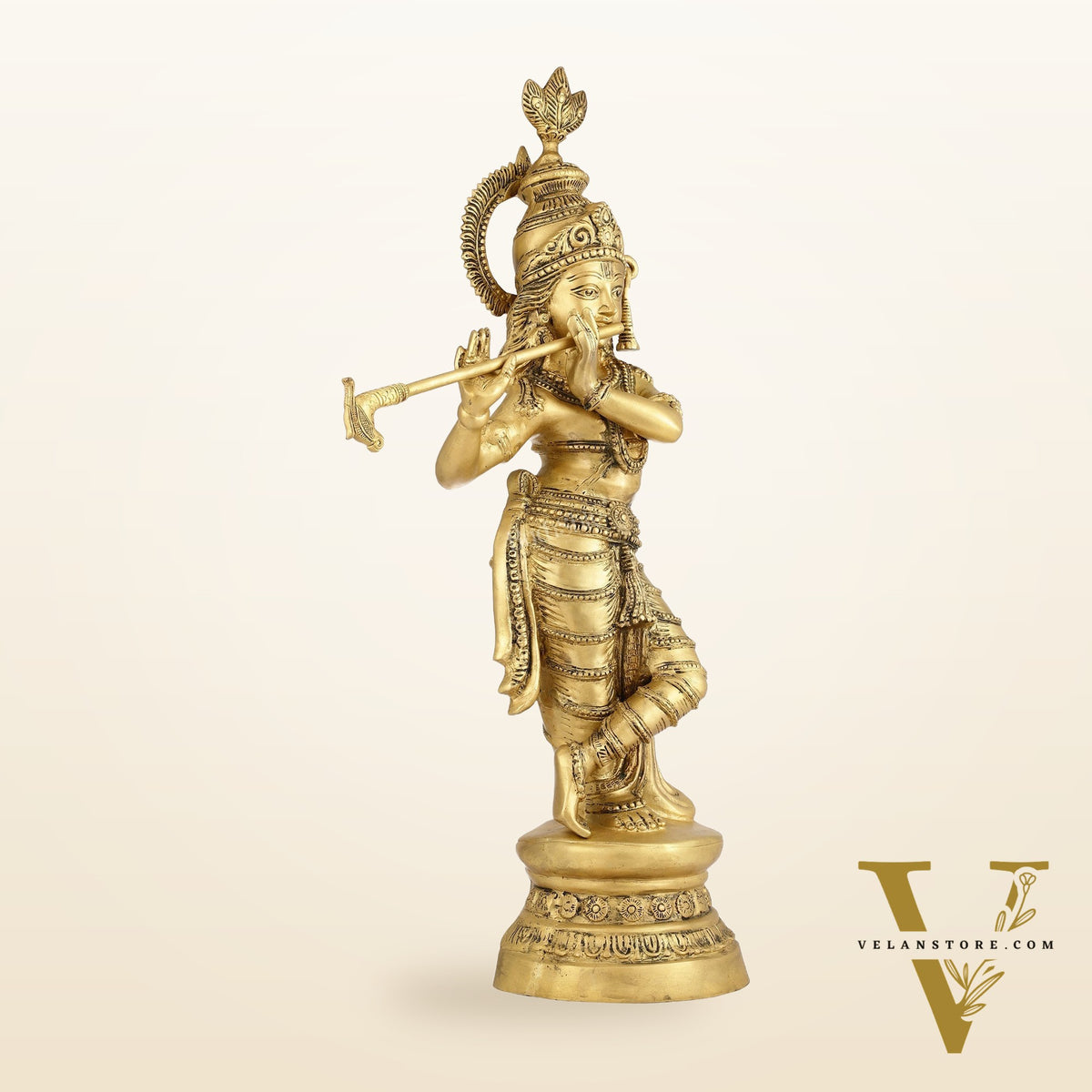 Brass Ever-smiling Krishna Playing Flute Statue | Height 28 Inch