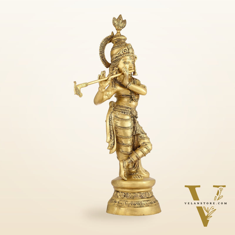 Brass Ever-smiling Krishna Playing Flute Statue | Height 28 Inch