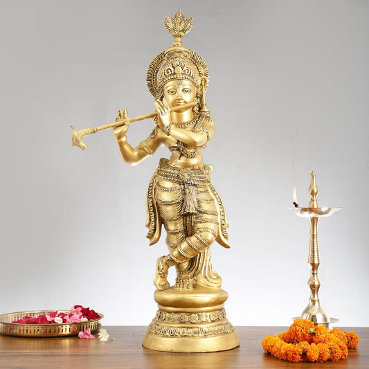 Brass Ever-smiling Krishna Playing Flute Statue | Height 28 Inch