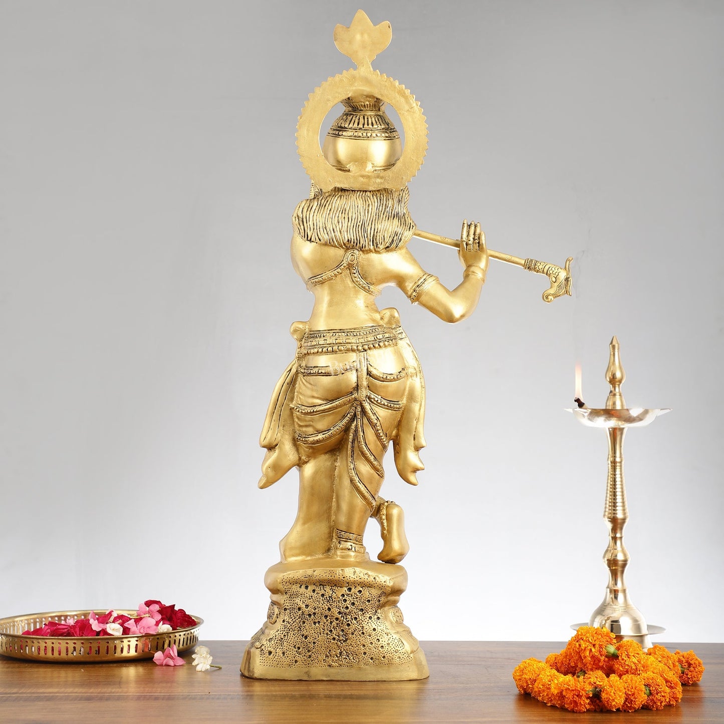 Brass Ever-smiling Krishna Playing Flute Statue | Height 28 Inch