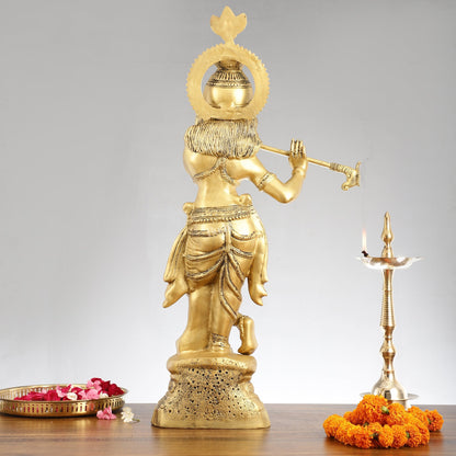 Brass Ever-smiling Krishna Playing Flute Statue | Height 28 Inch