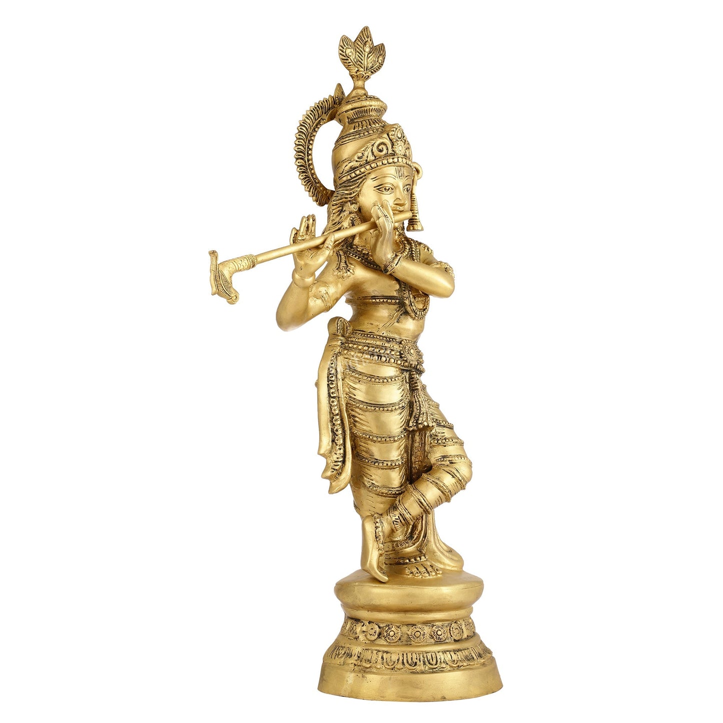 Brass Ever-smiling Krishna Playing Flute Statue | Height 28 Inch