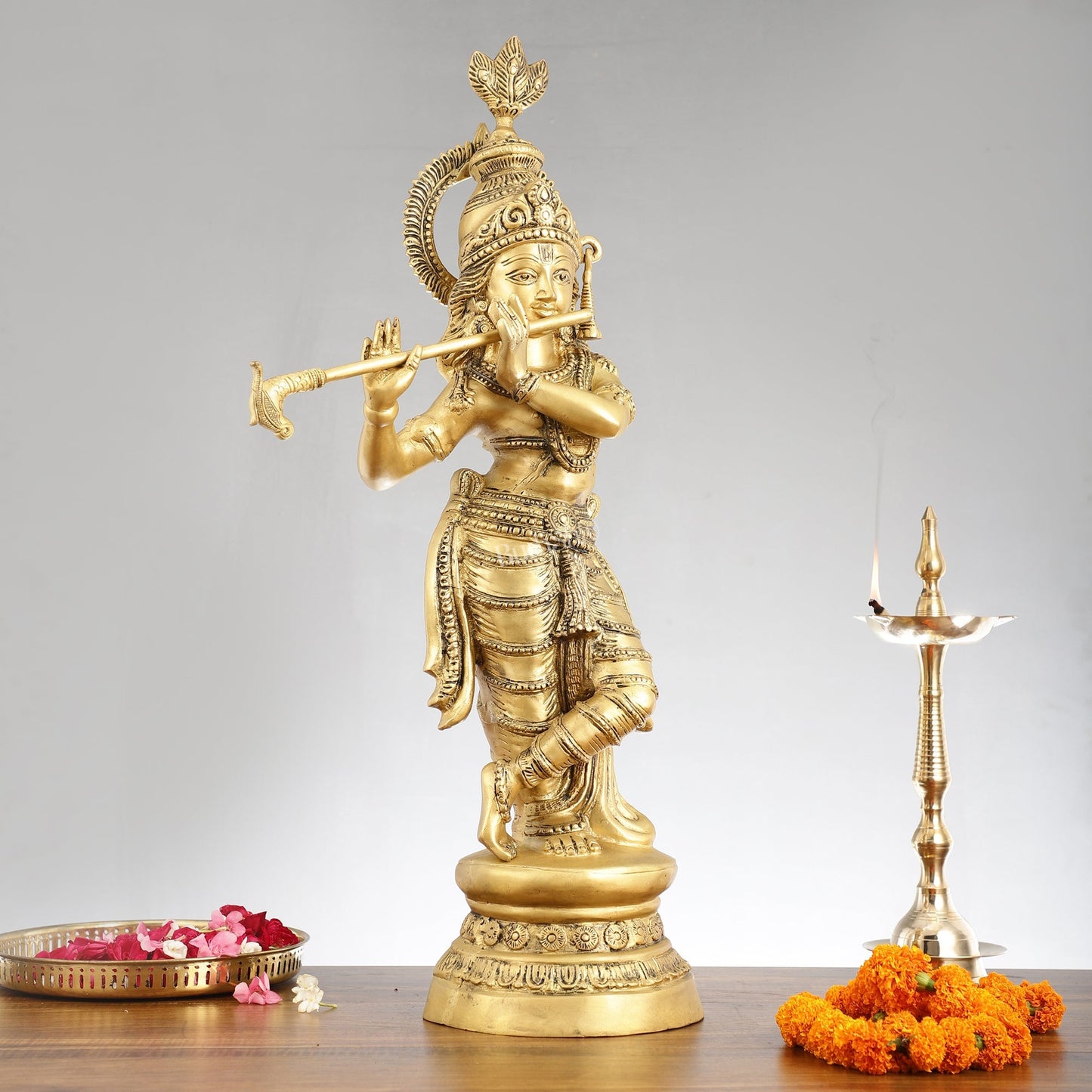 Brass Ever-smiling Krishna Playing Flute Statue | Height 28 Inch