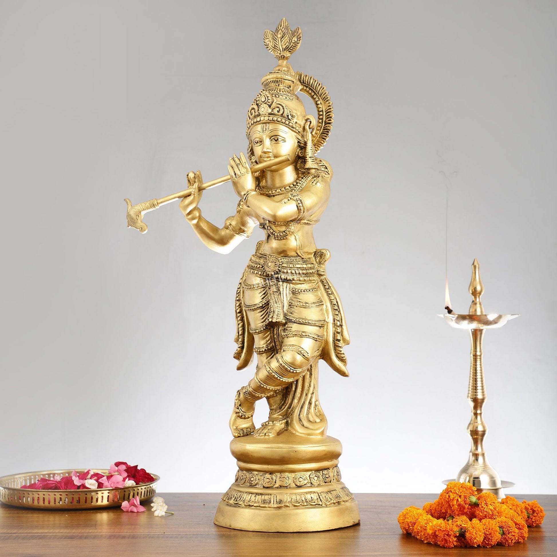 Brass Ever-smiling Krishna Playing Flute Statue | Height 28 Inch