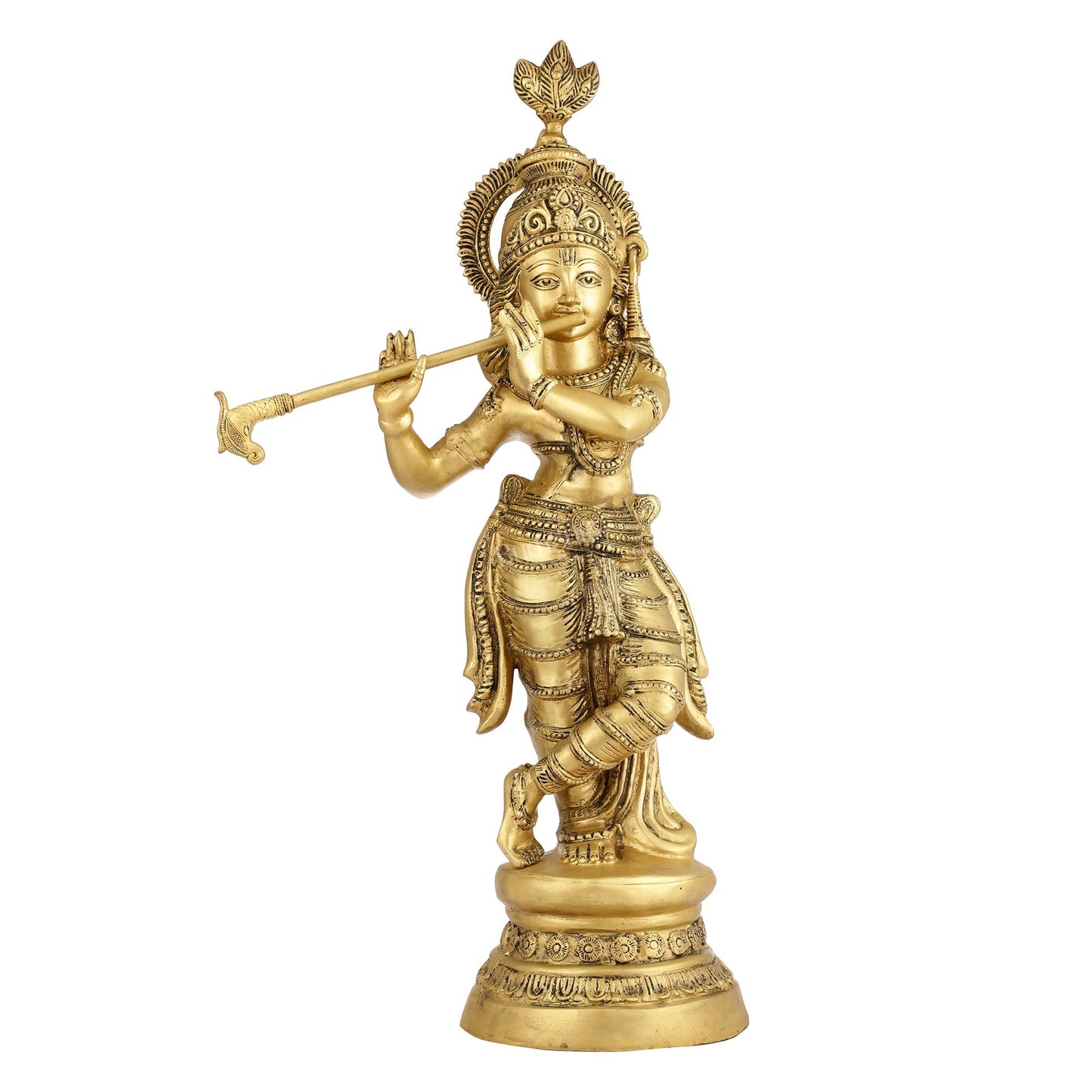 Brass Ever-smiling Krishna Playing Flute Statue | Height 28 Inch