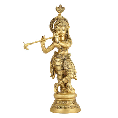 Brass Ever-smiling Krishna Playing Flute Statue | Height 28 Inch