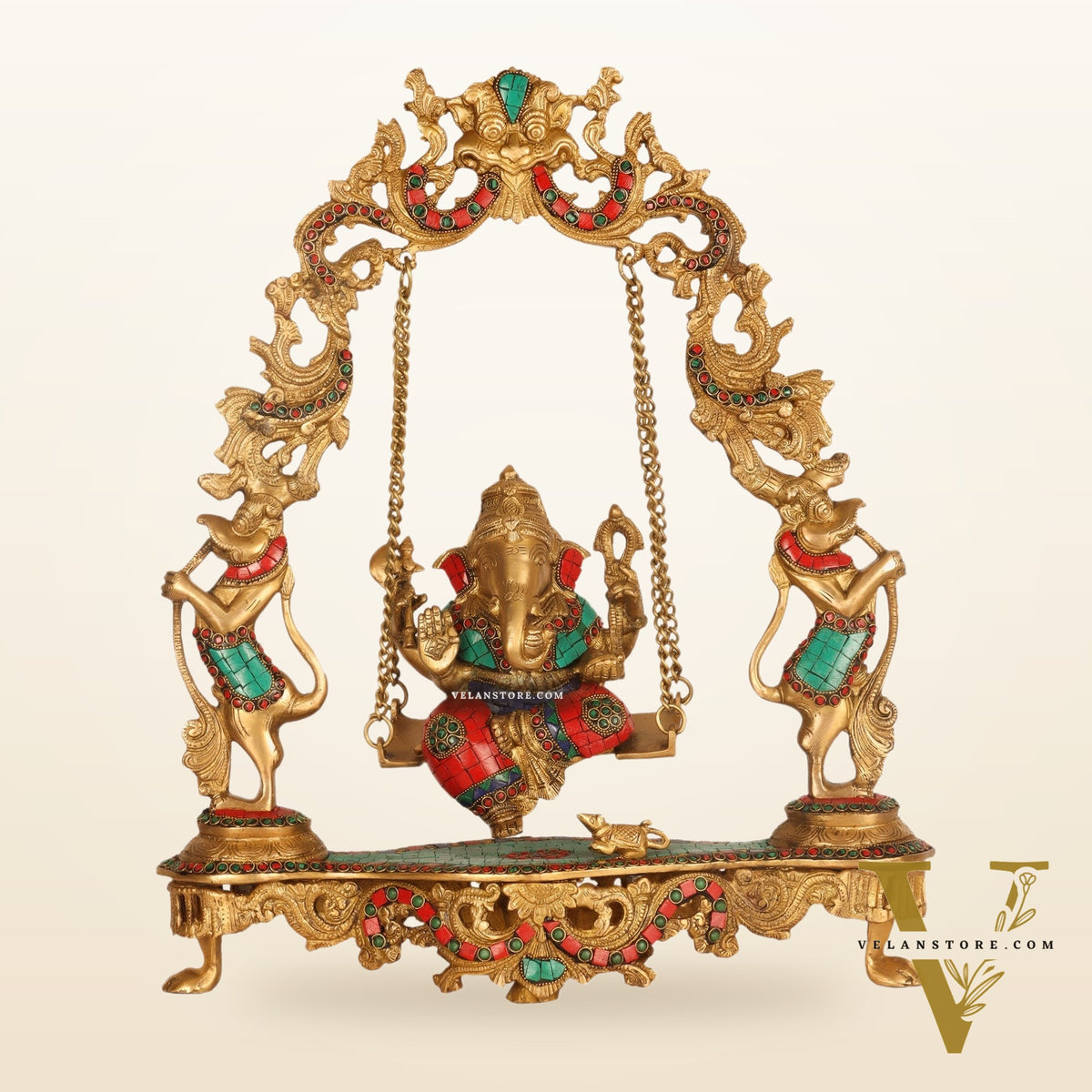 Brass Fine Quality Ganesha Swing with Brass Rings and Natural Stones, 18 inches