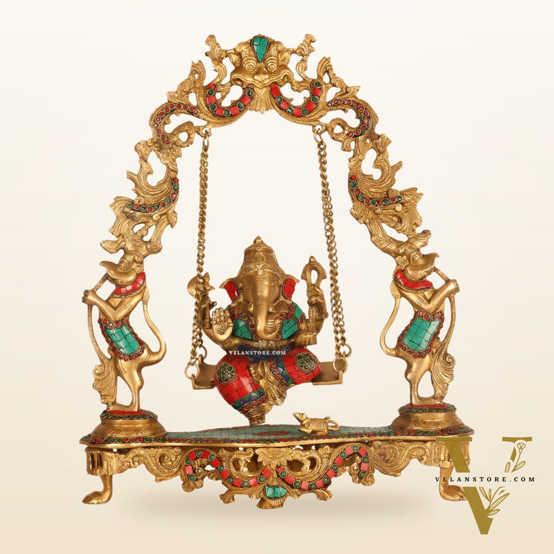 Brass Fine Quality Ganesha Swing with Brass Rings and Natural Stones, 18 inches