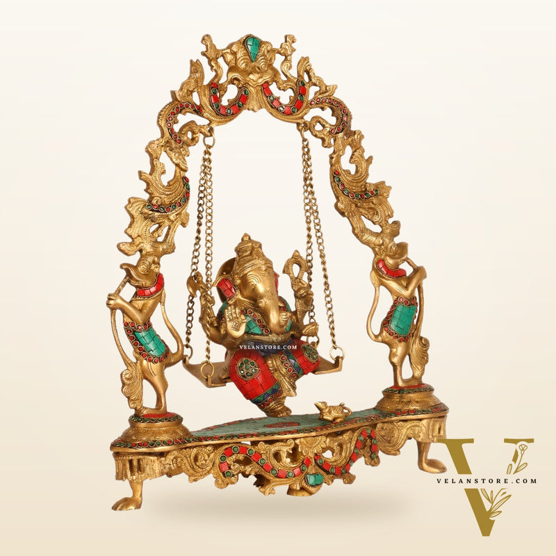 Brass Fine Quality Ganesha Swing with Brass Rings and Natural Stones, 18 inches