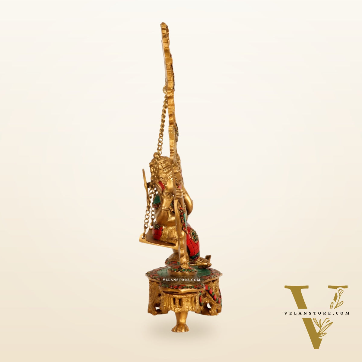 Brass Fine Quality Ganesha Swing with Brass Rings and Natural Stones, 18 inches