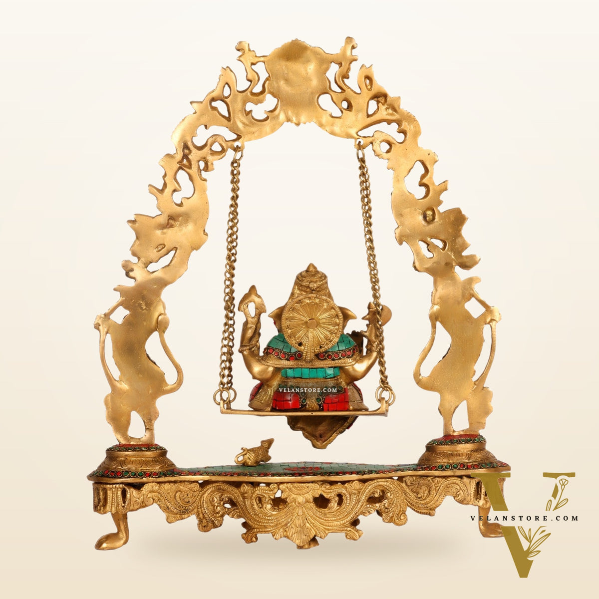 Brass Fine Quality Ganesha Swing with Brass Rings and Natural Stones, 18 inches