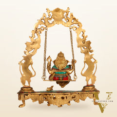 Brass Fine Quality Ganesha Swing with Brass Rings and Natural Stones, 18 inches