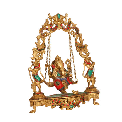 Brass Fine Quality Ganesha Swing with Brass Rings and Natural Stones, 18 inches
