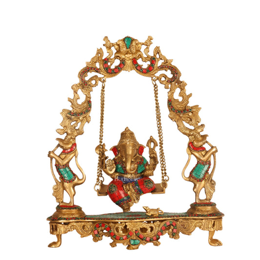 Brass Fine Quality Ganesha Swing with Brass Rings and Natural Stones, 18 inches