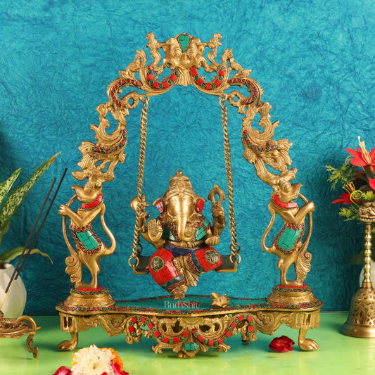 Brass Fine Quality Ganesha Swing with Brass Rings and Natural Stones, 18 inches
