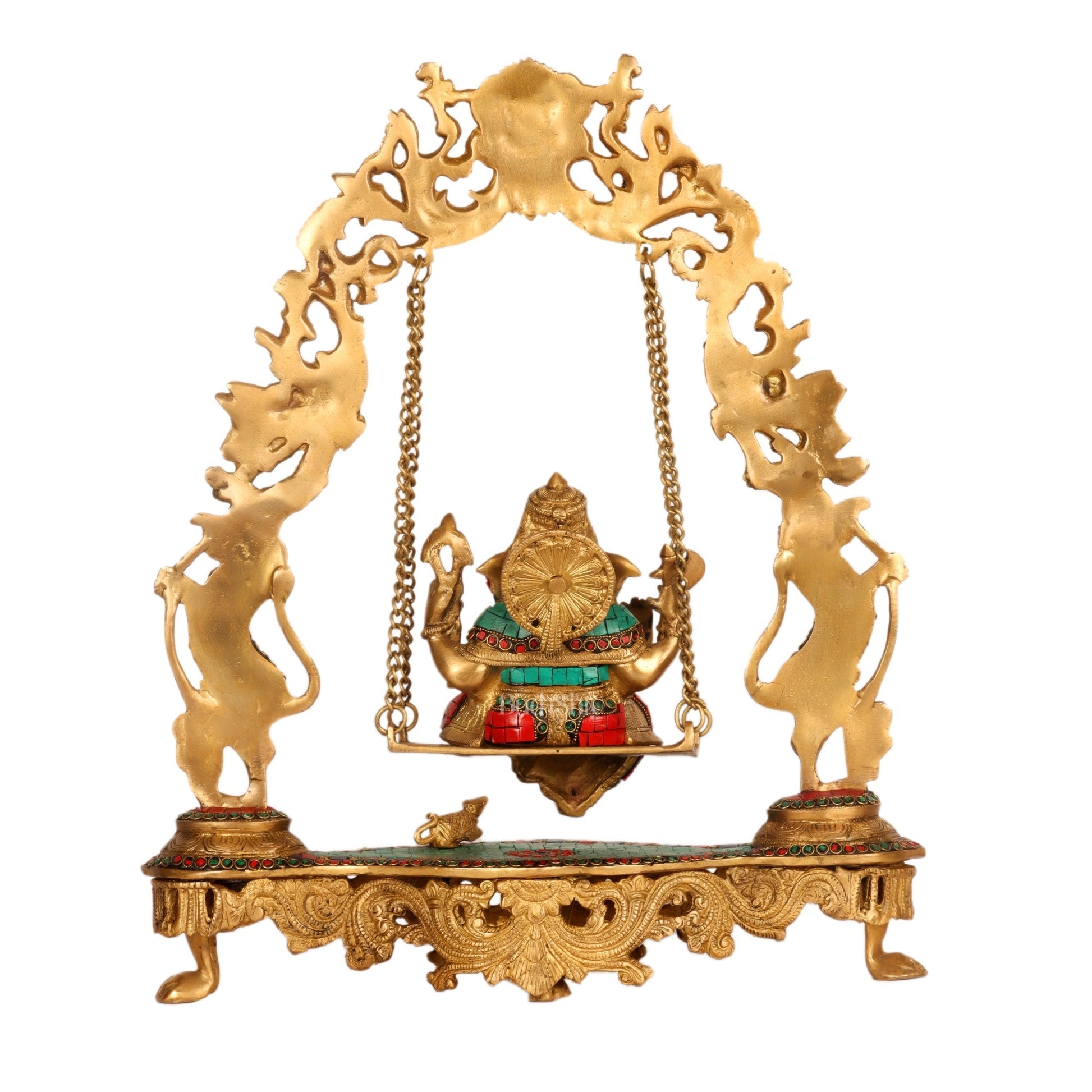Brass Fine Quality Ganesha Swing with Brass Rings and Natural Stones, 18 inches