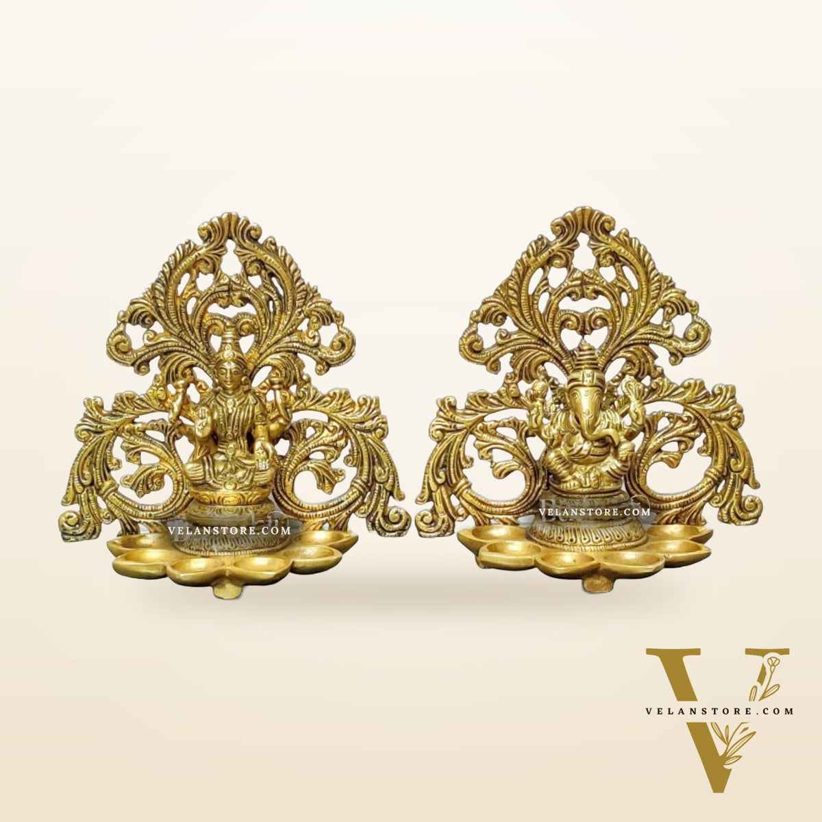Brass Fine Quality Lord Ganesha and Goddess Lakshmi Panchdeep - Pair or Single panchdeepam 6.5"