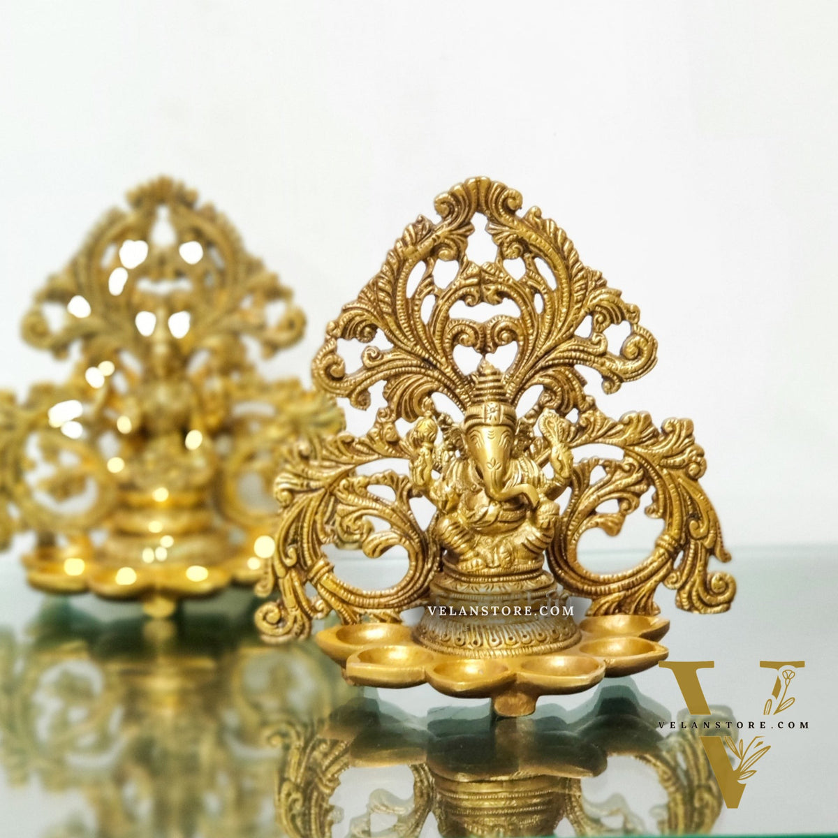 Brass Fine Quality Lord Ganesha and Goddess Lakshmi Panchdeep - Pair or Single panchdeepam 6.5"