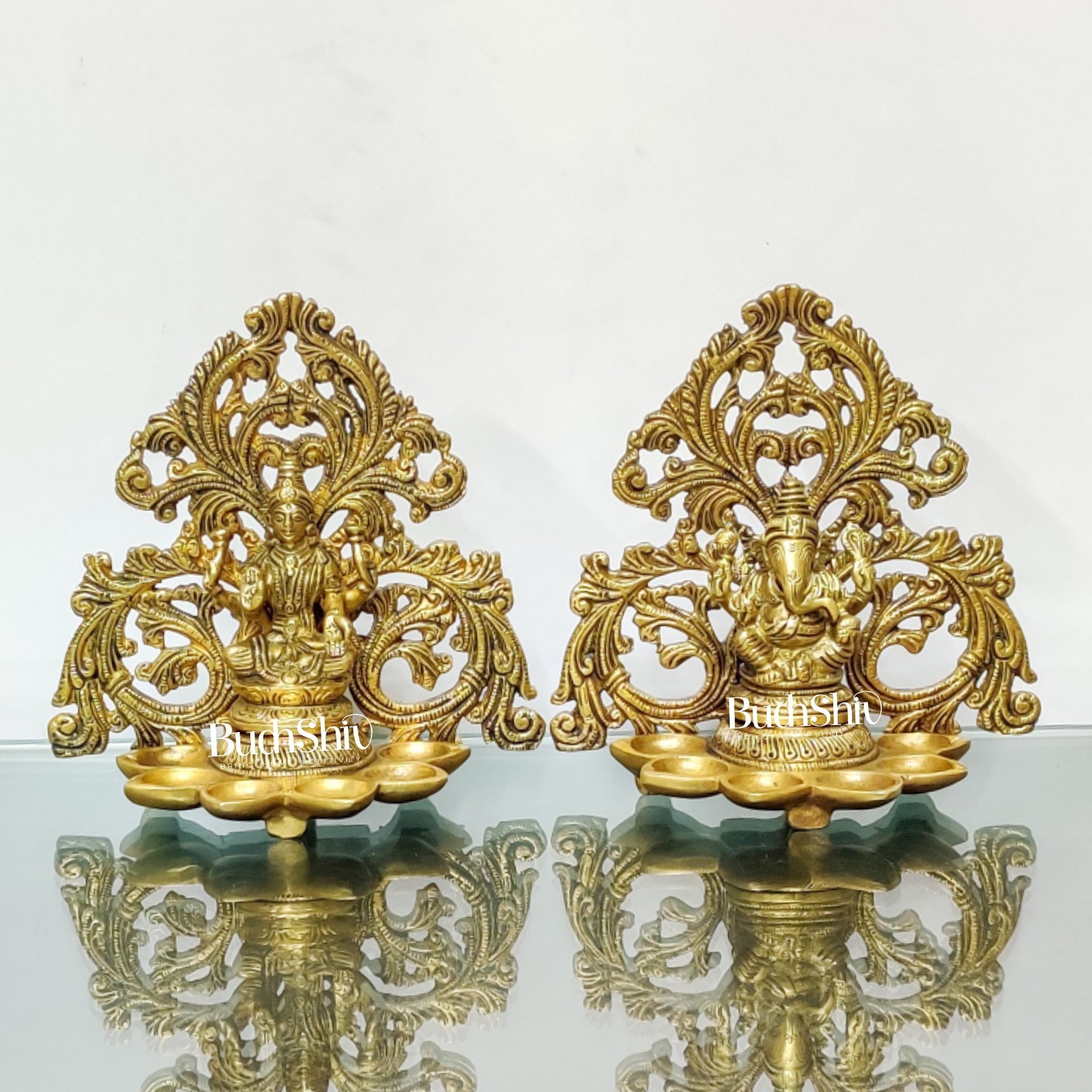 Brass Fine Quality Lord Ganesha and Goddess Lakshmi Panchdeep - Pair or Single panchdeepam 6.5"