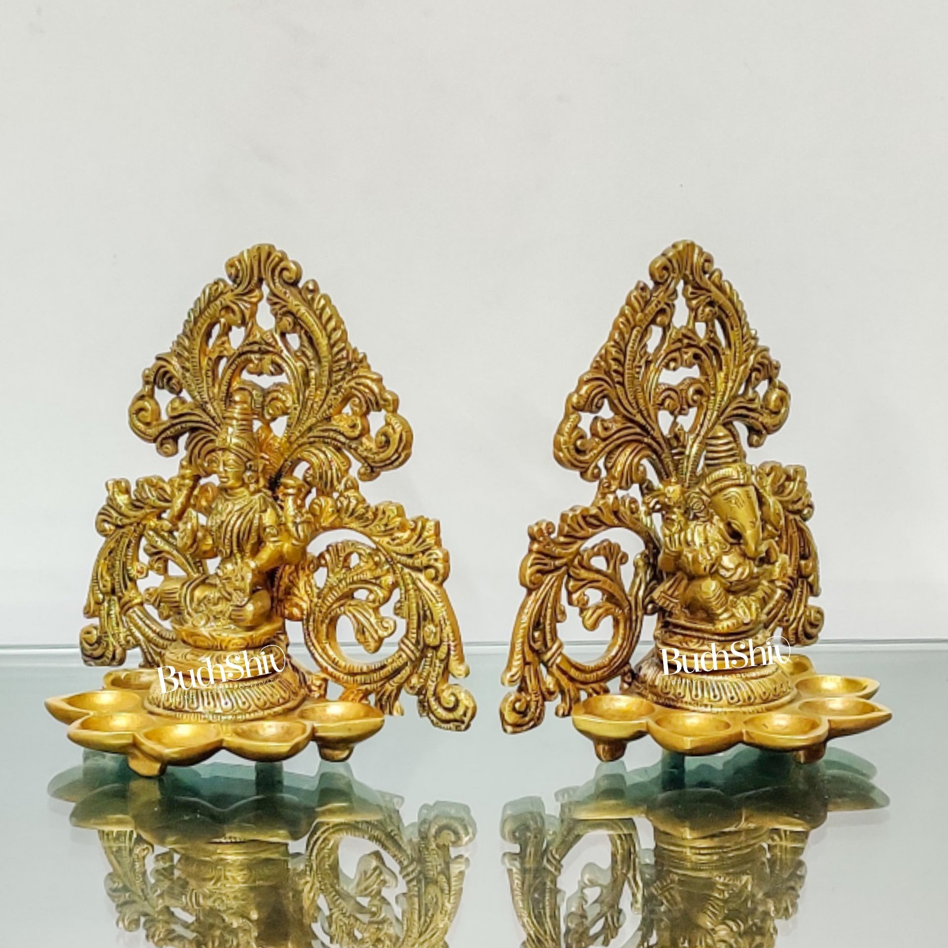 Brass Fine Quality Lord Ganesha and Goddess Lakshmi Panchdeep - Pair or Single panchdeepam 6.5"