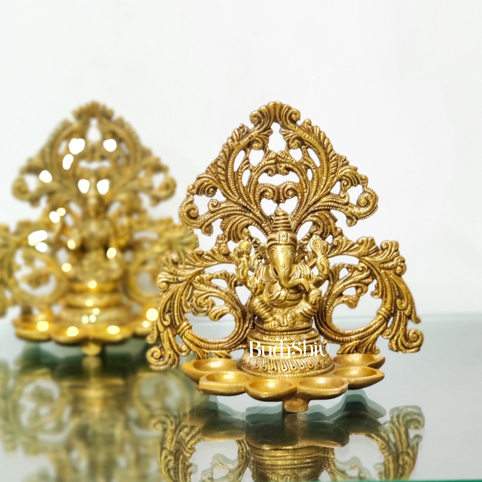 Brass Fine Quality Lord Ganesha and Goddess Lakshmi Panchdeep - Pair or Single panchdeepam 6.5"