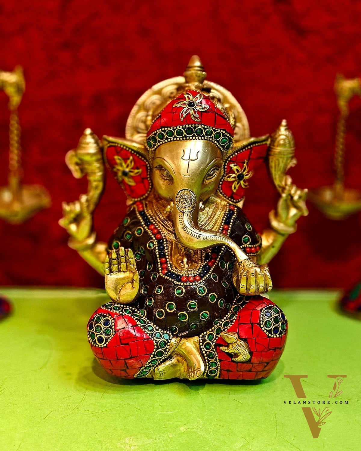 Brass Ganapathi Idol with Sharp Features - 8 Inch