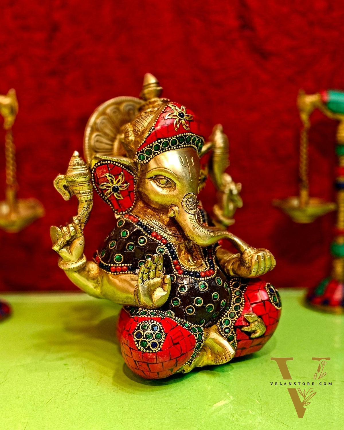 Brass Ganapathi Idol with Sharp Features - 8 Inch