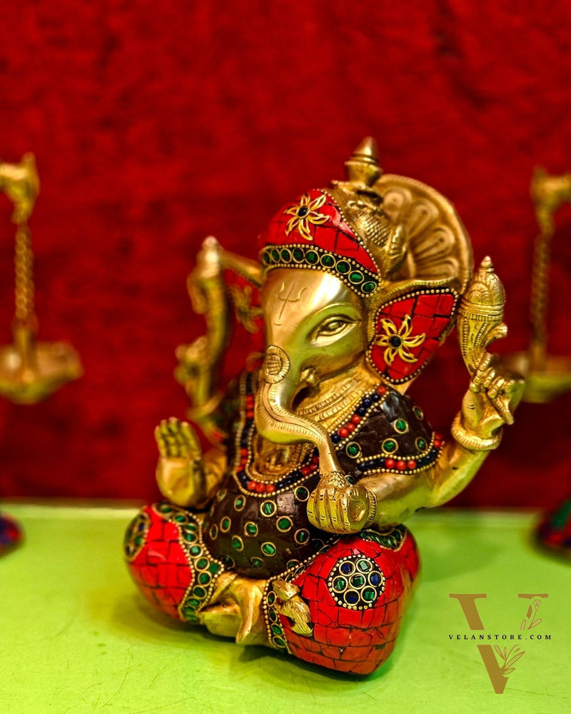 Brass Ganapathi Idol with Sharp Features - 8 Inch