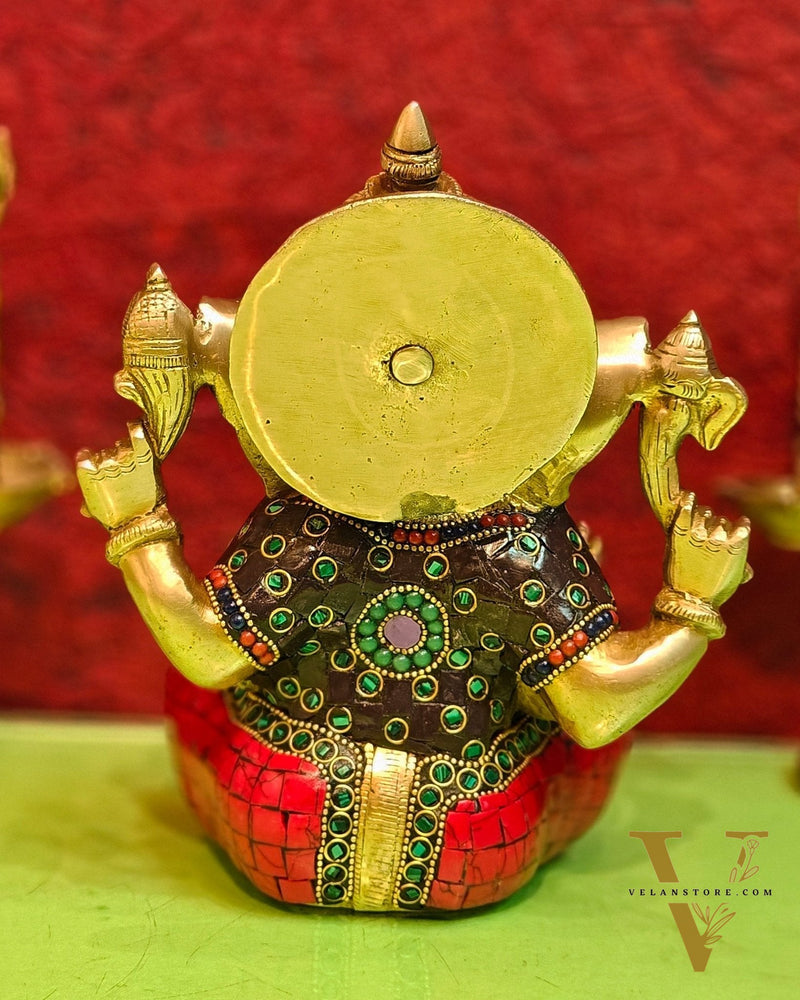 Brass Ganapathi Idol with Sharp Features - 8 Inch