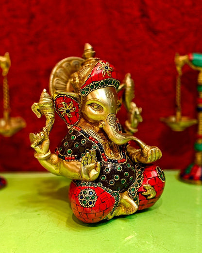 Brass Ganapathi Idol with Sharp Features - 8 Inch